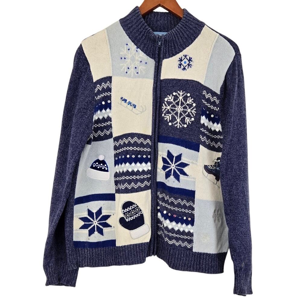 Vintage Classic Winter Patchwork Embroidered Snowflakes Zip Sweater Size Large